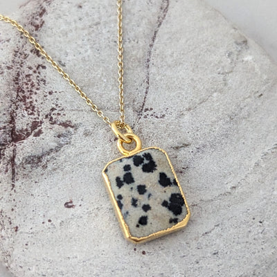 The Rectangle Dalmatian Jasper Gemstone Necklace - 18ct Gold Plated