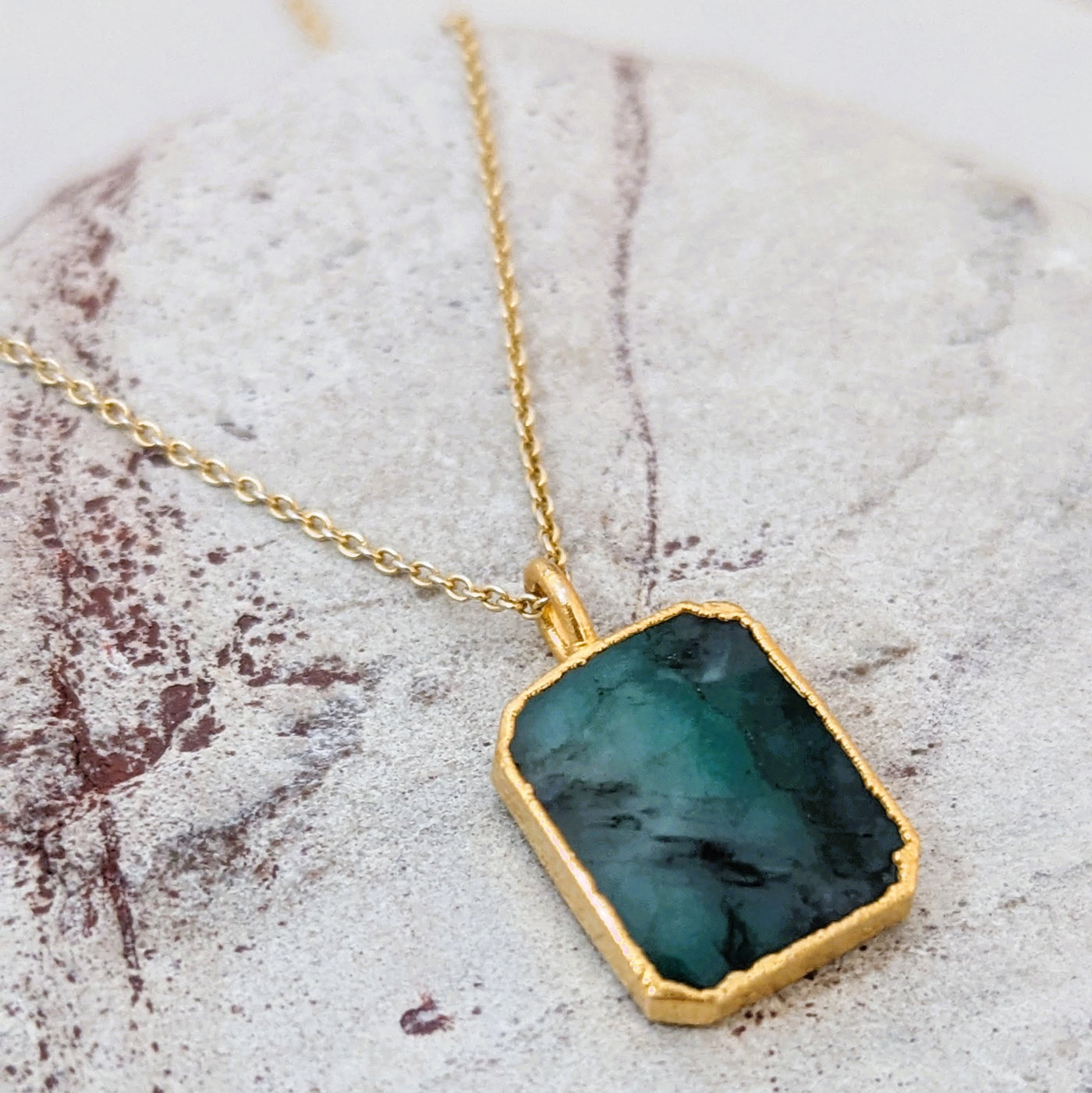 18 carat gold plated emerald rectangular pendant necklace