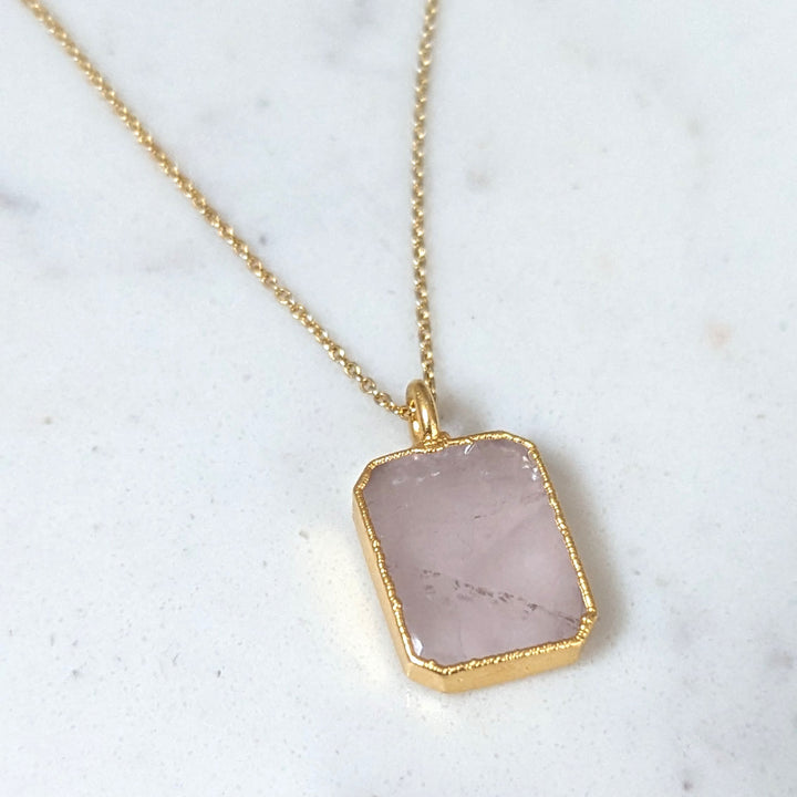 gold rose quartz rectangular pendant necklace 