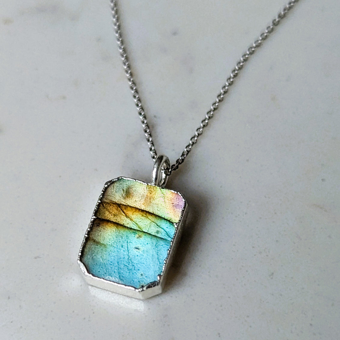 sterling silver labradorite rectangular pendant necklace