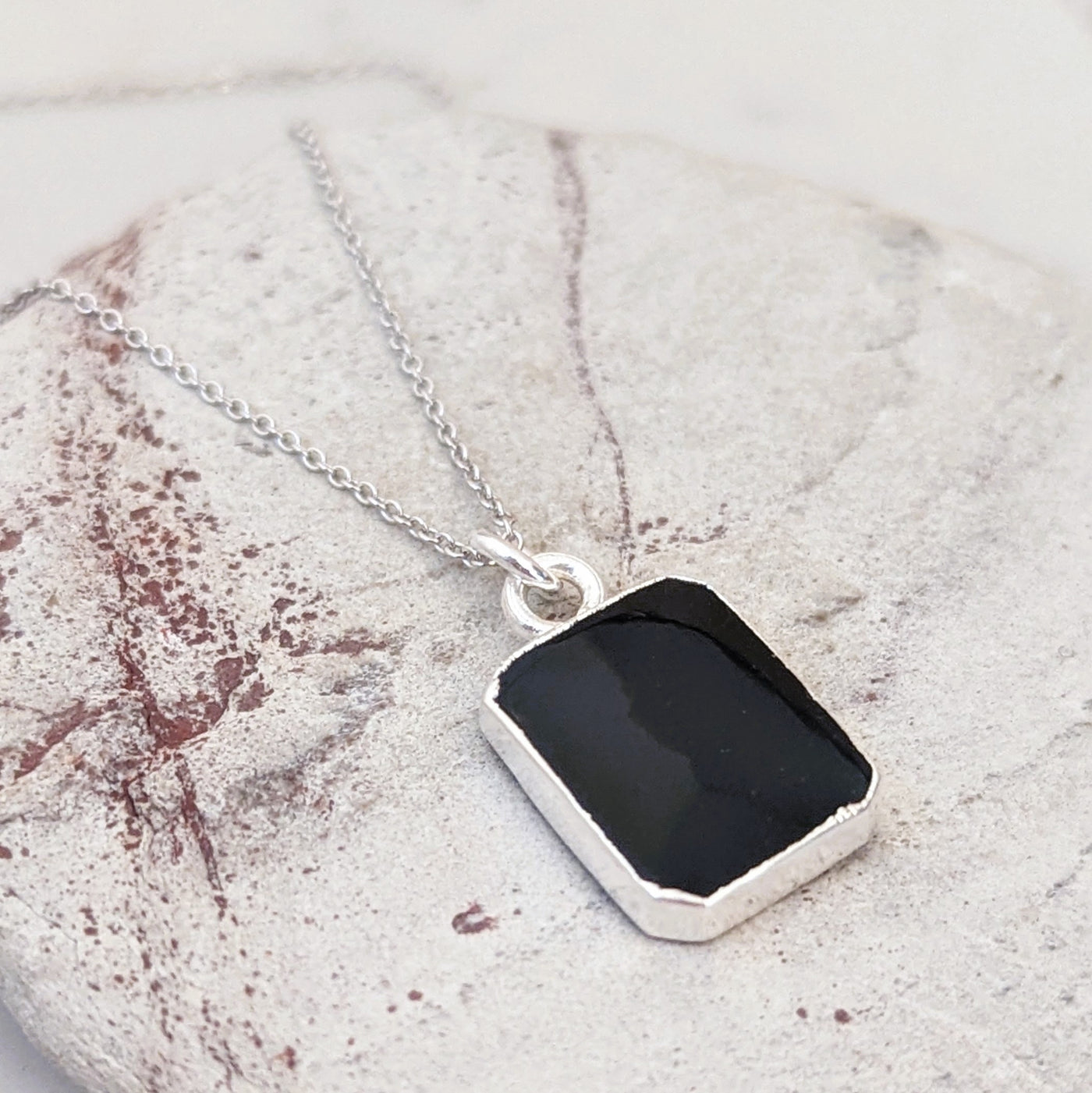 sterling silver black onyx rectangular gemstone pendant necklace