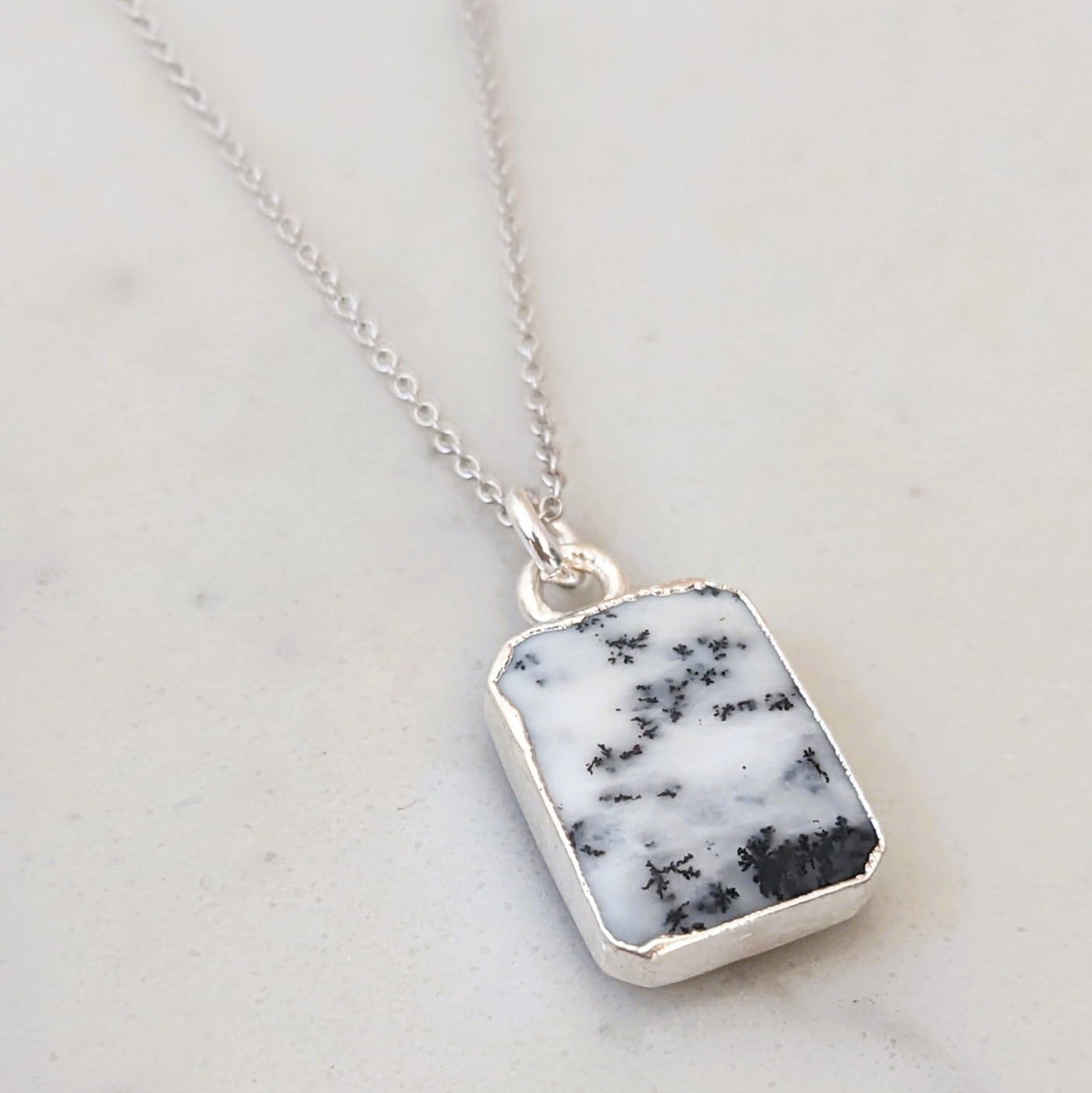 sterling silver dendritic agate rectangular pendant necklace