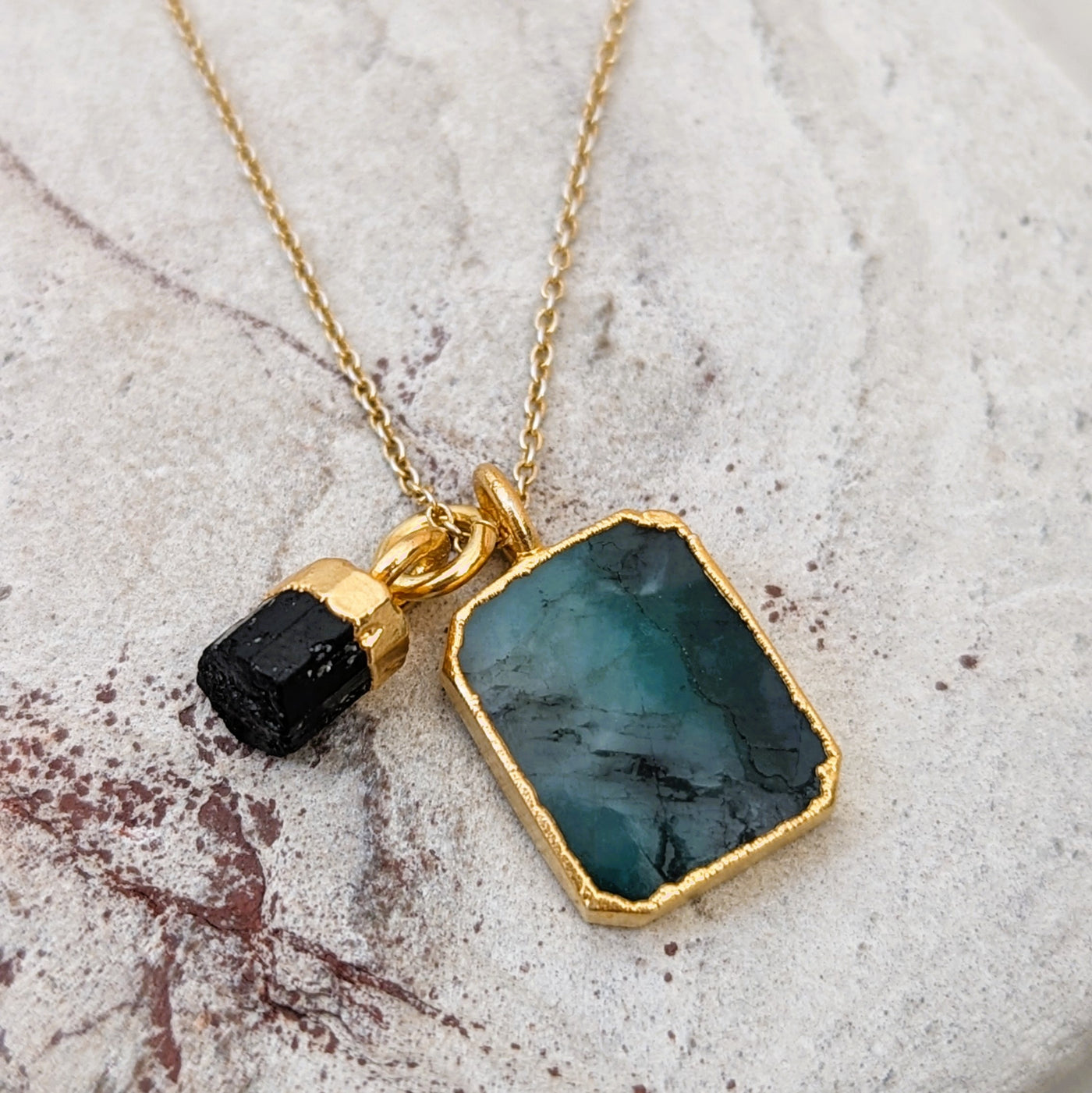 emerald and black tourmaline gemstone pendant necklace