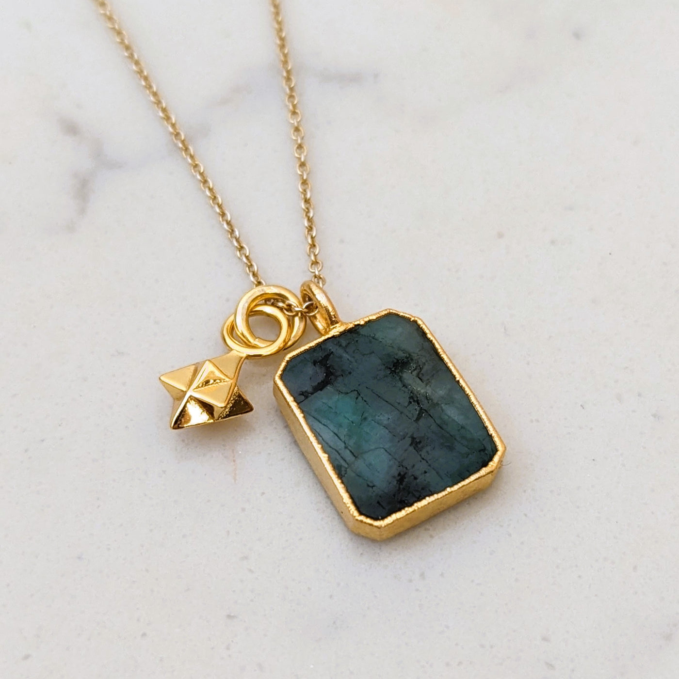 emerald and tetrahedron gemstone pendant necklace