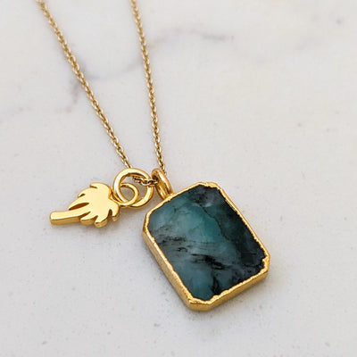 emerald and palm tree gemstone pendant necklace