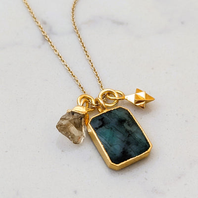 The Trio Emerald, Citrine and Charm Gemstone Necklace - 18CT Gold Plated