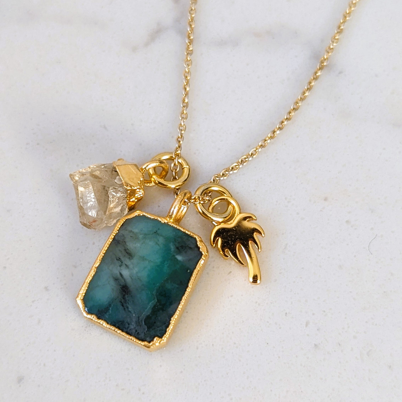 The Trio Emerald, Citrine and Charm Gemstone Necklace - 18CT Gold Plated
