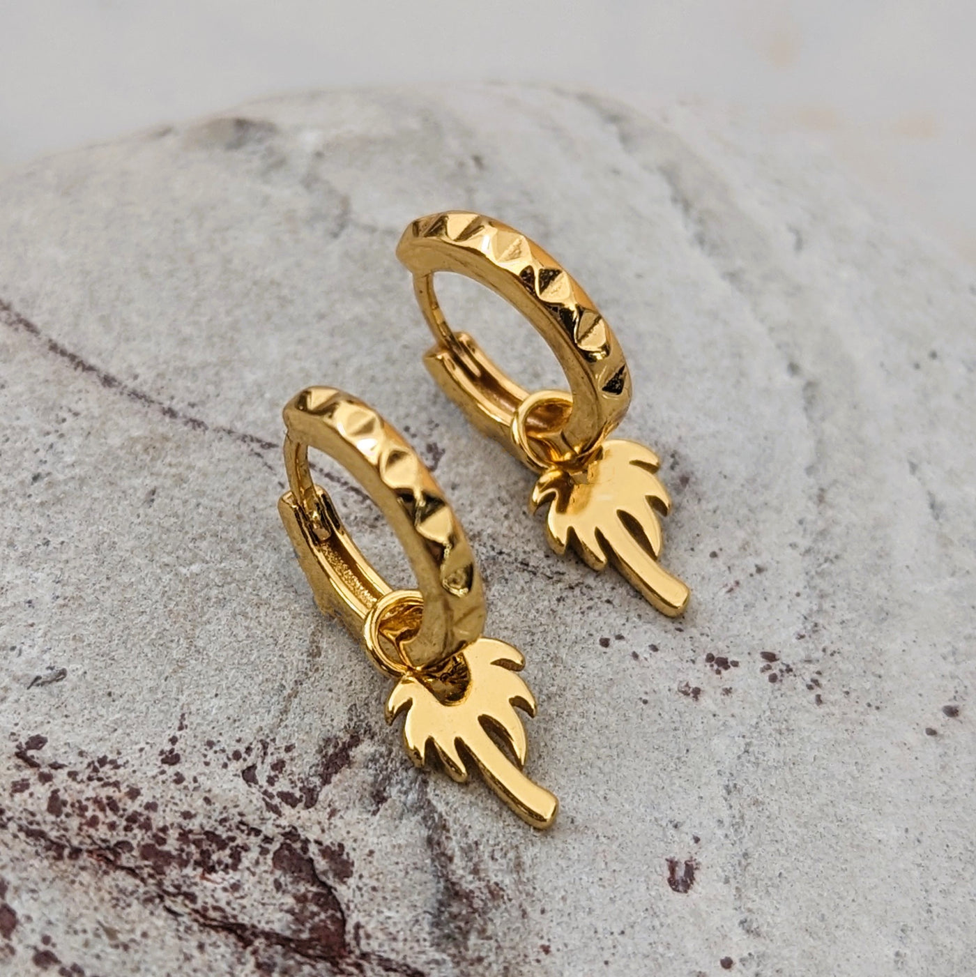 18 carat gold plated palm tree charm hoop earrings