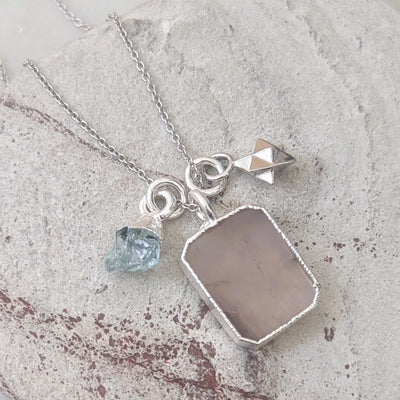 sterling silver rose quartz and aquamarine pendant necklace