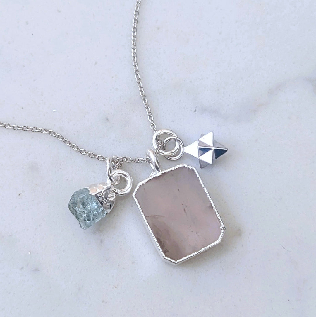 rose quartz, aquamarine and charm gemstone necklace