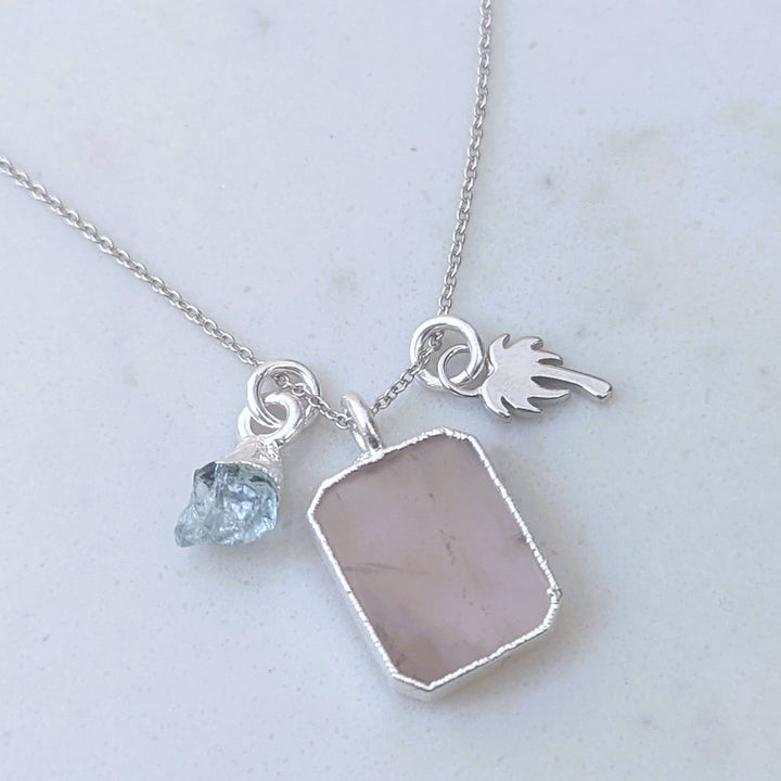 rose quartz, aquamarine and charm gemstone necklace