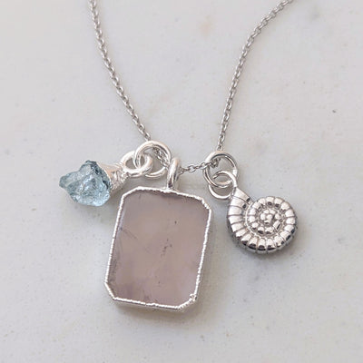 sterling silver rose quartz and aquamarine pendant necklace