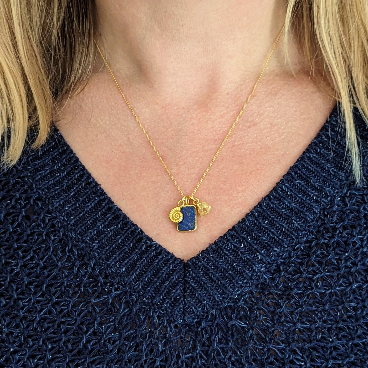The Trio Lapis Lazuli, Citrine and Charm Gemstone Necklace - 18CT Gold Plated