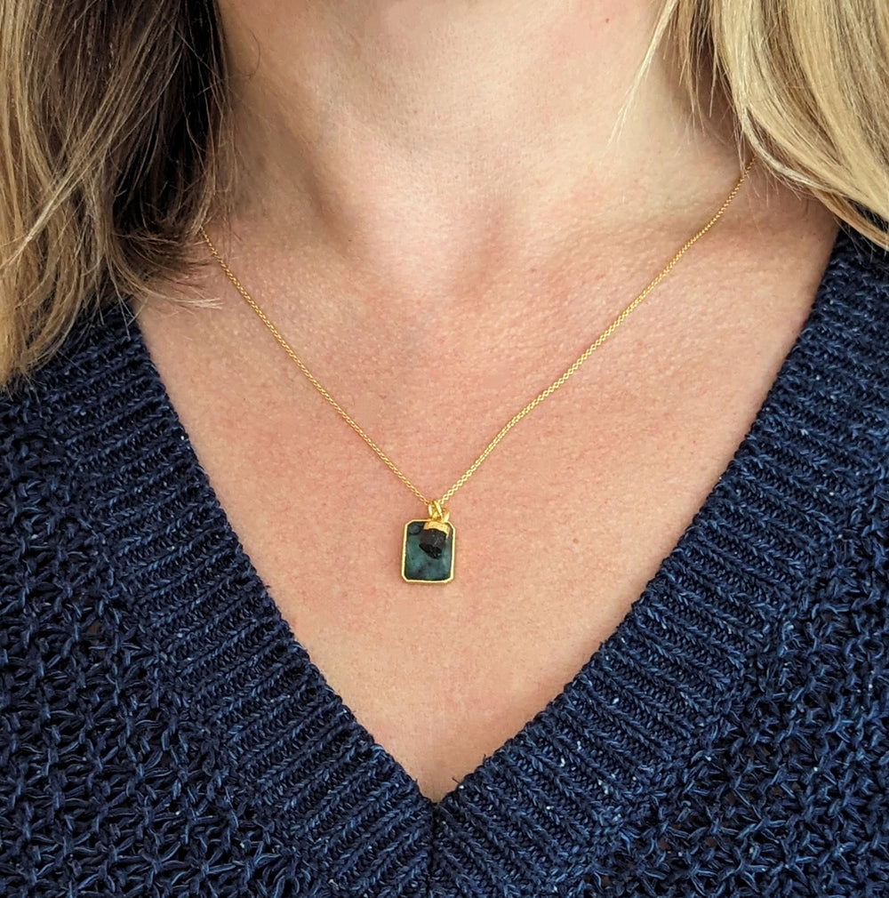 gold emerald rectangular slice pendant necklace with black tourmaline charm