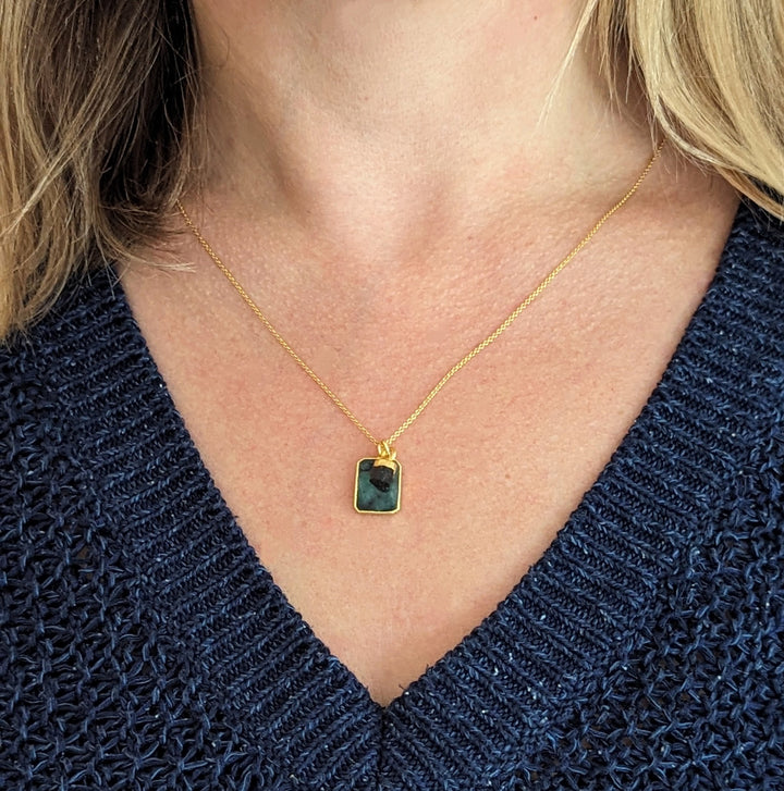 gold emerald rectangular slice pendant necklace with black tourmaline charm