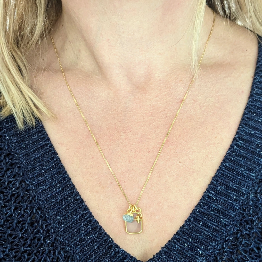 rose quartz, aquamarine and tetrahedron charm pendant necklace 