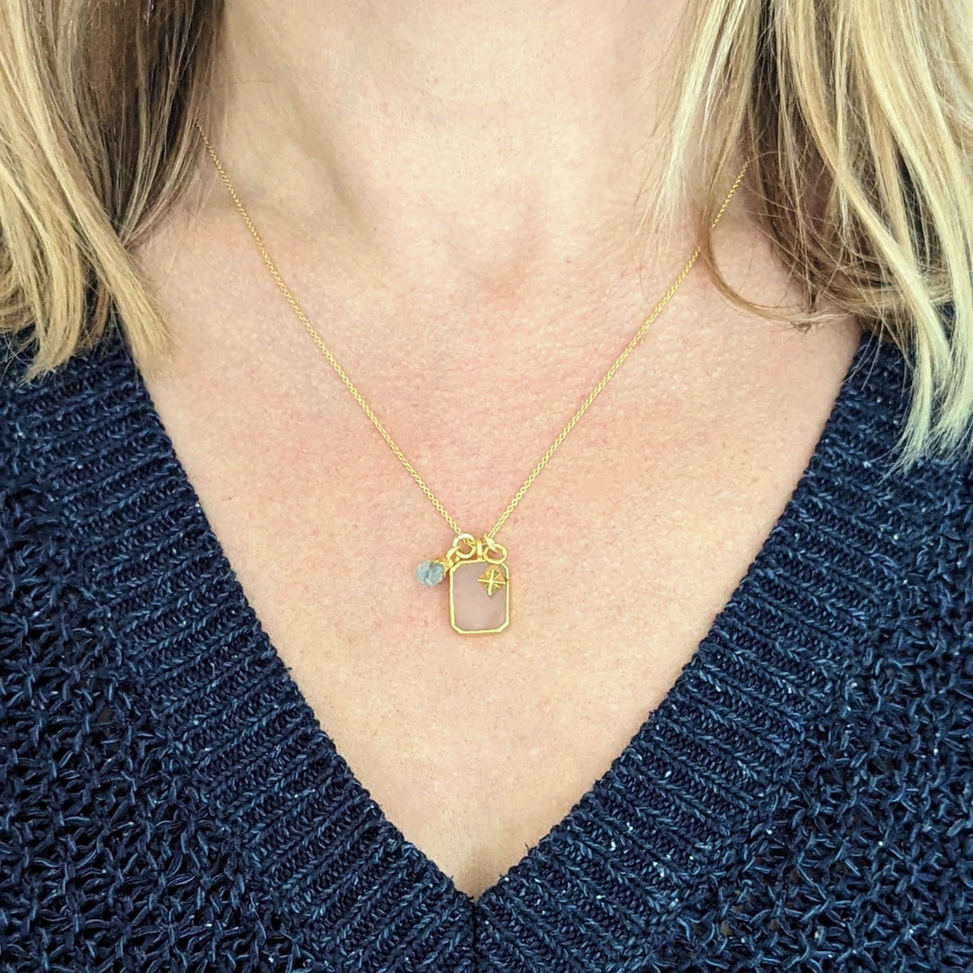 rose quartz, aquamarine and tetrahedron charm pendant necklace 