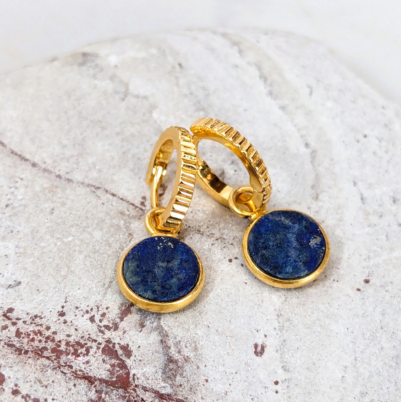 18 carat gold plated lapis lazuli circular cham gemstone hoop earrings