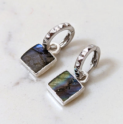 sterling silver square charm labradorite hoop earrings