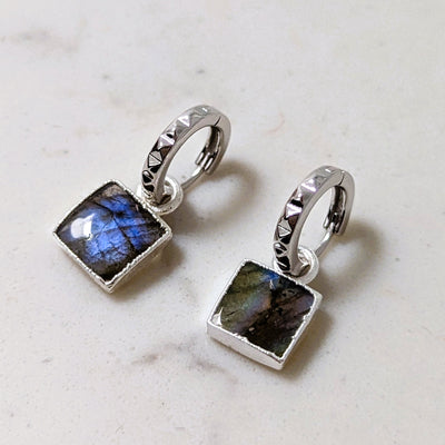 sterling silver square charm labradorite hoop earrings