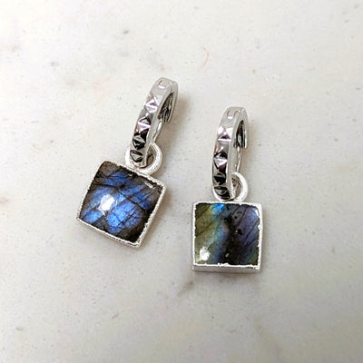 sterling silver square charm labradorite hoop earrings