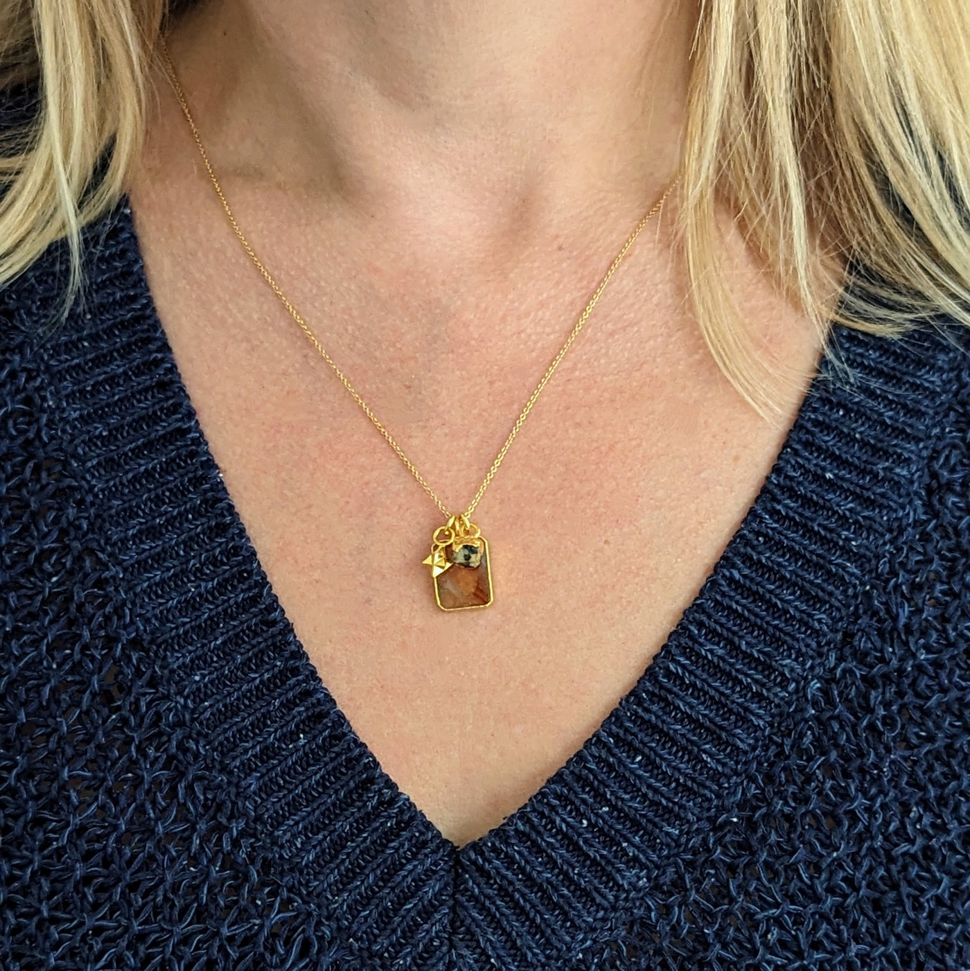 citrine, dalmatian jasper and charm pendant necklace