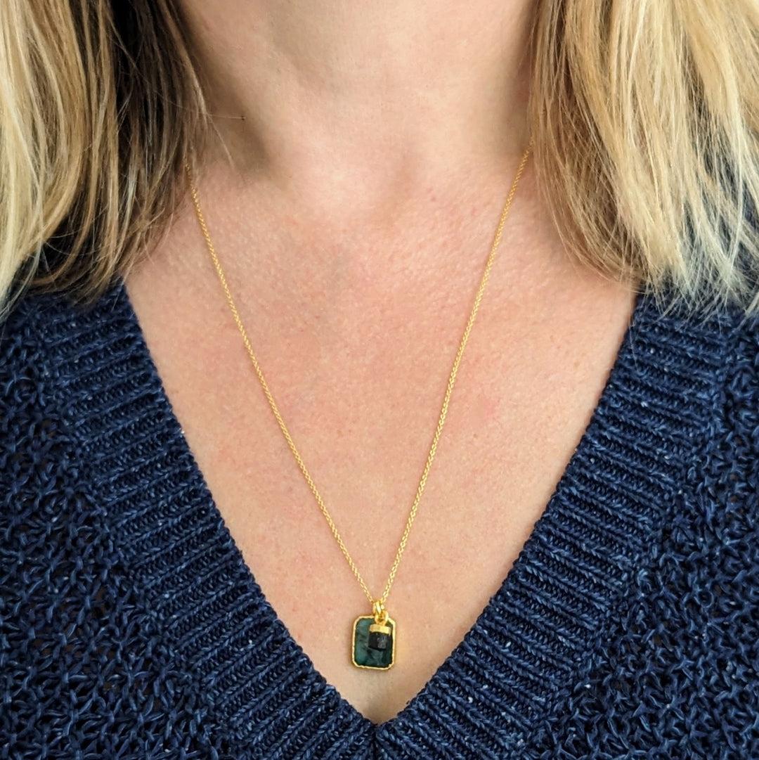 gold emerald rectangular slice pendant necklace with black tourmaline charm