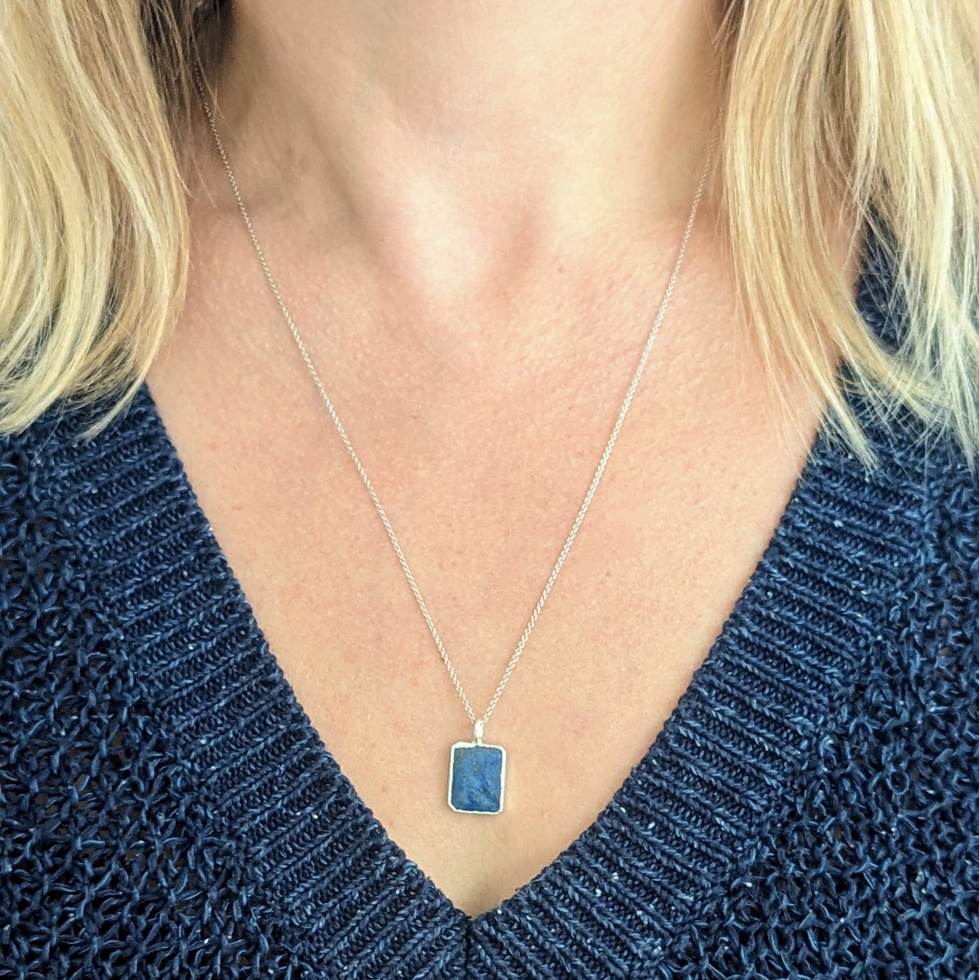 The Rectangle Lapis Lazuli Gemstone Necklace - Sterling Silver