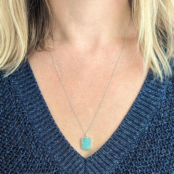 sterling silver amazonite rectangular pendant necklace