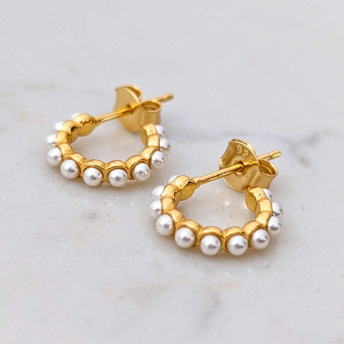 gold plated sterling silver pearl hoop earrings