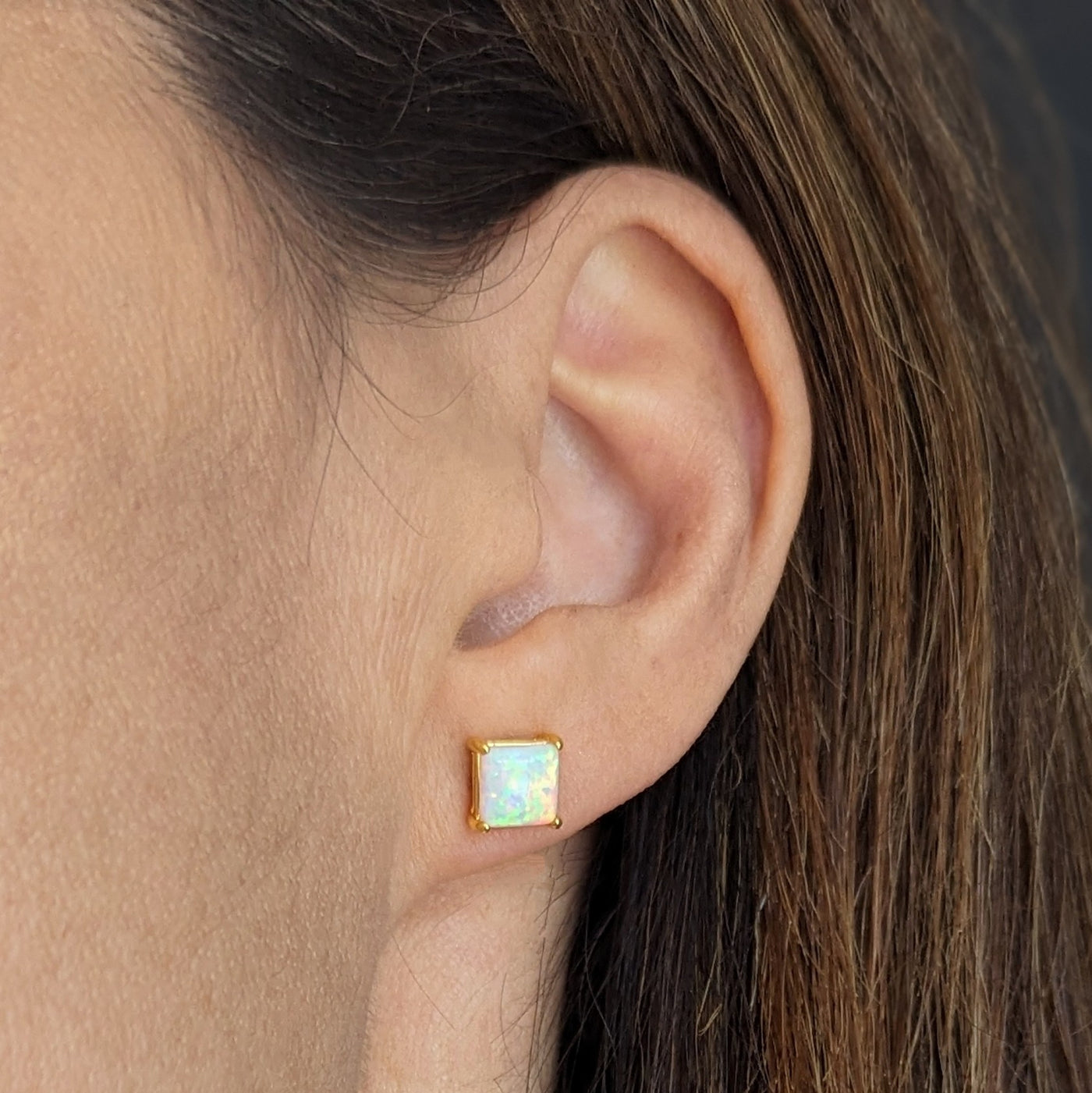 Opal Square Cushion Stud Earrings - 18ct Gold Plated