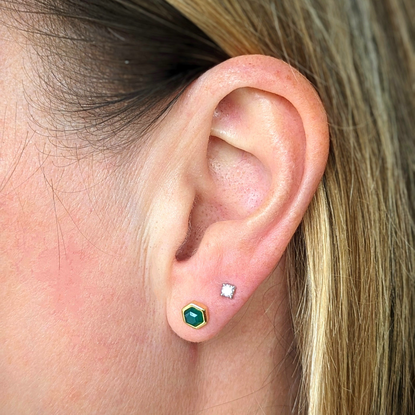 18 carat gold plated green onyx hexagon stud earrings