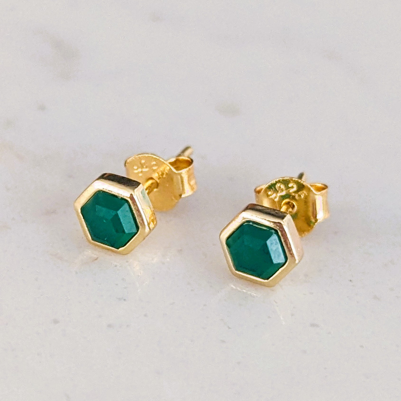 18 carat gold plated green onyx hexagon stud earrings