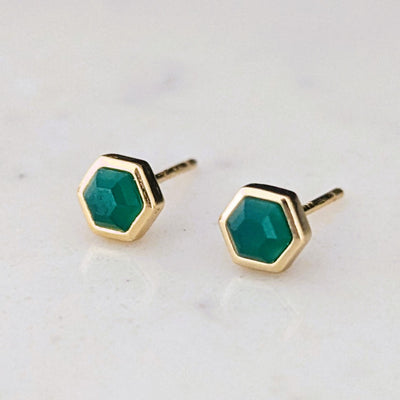 18 carat gold plated green onyx hexagon stud earrings
