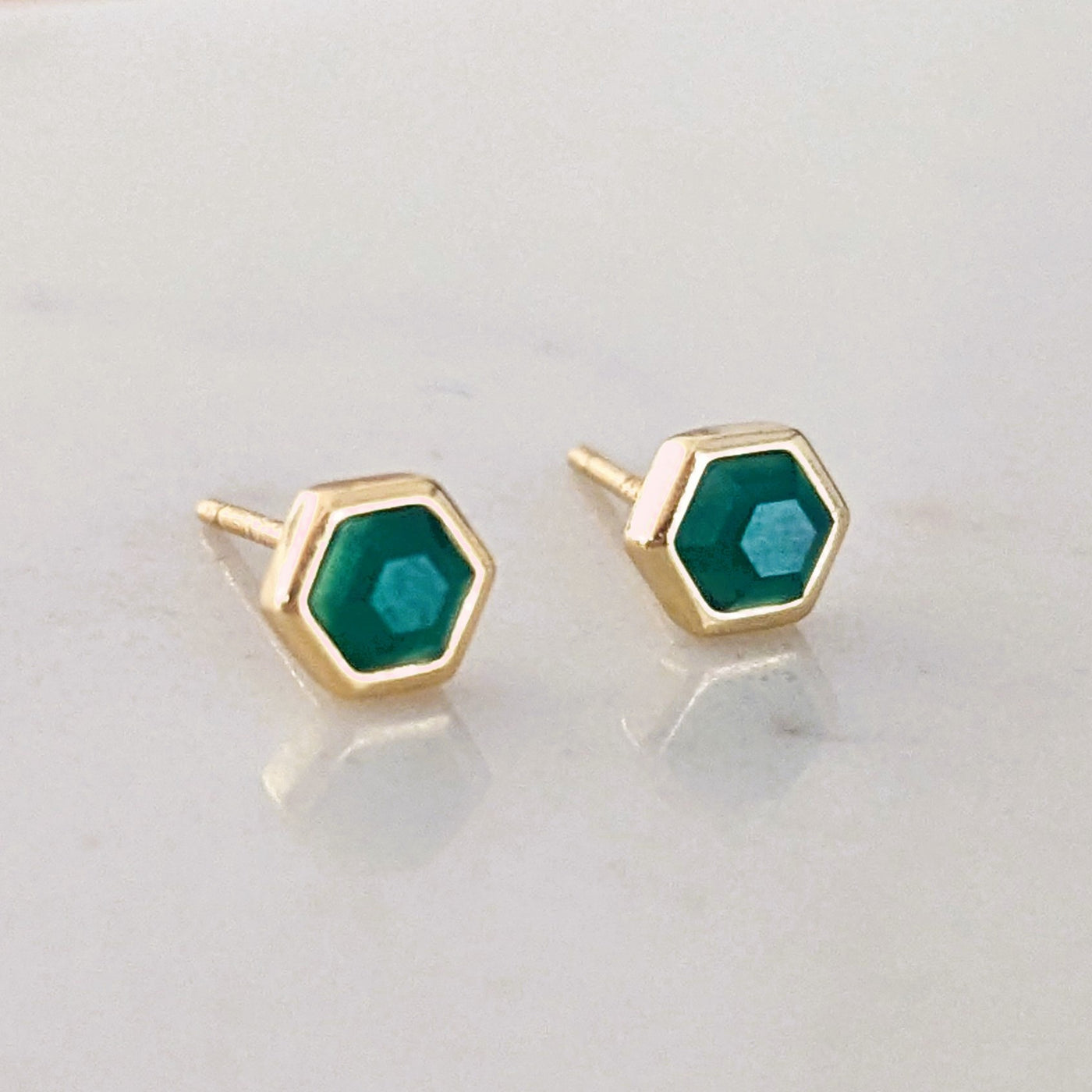 18 carat gold plated green onyx hexagon stud earrings