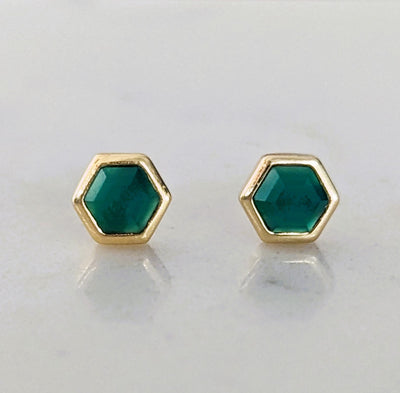 18 carat gold plated green onyx hexagon stud earrings