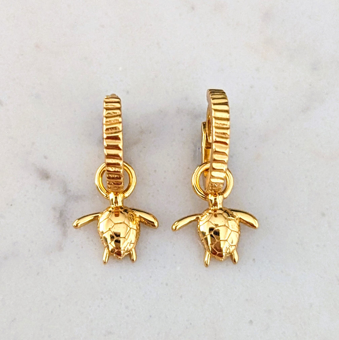 18 carat gold plated turtle charm hoop earrings