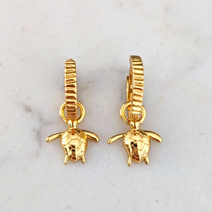 18 carat gold plated turtle charm hoop earrings