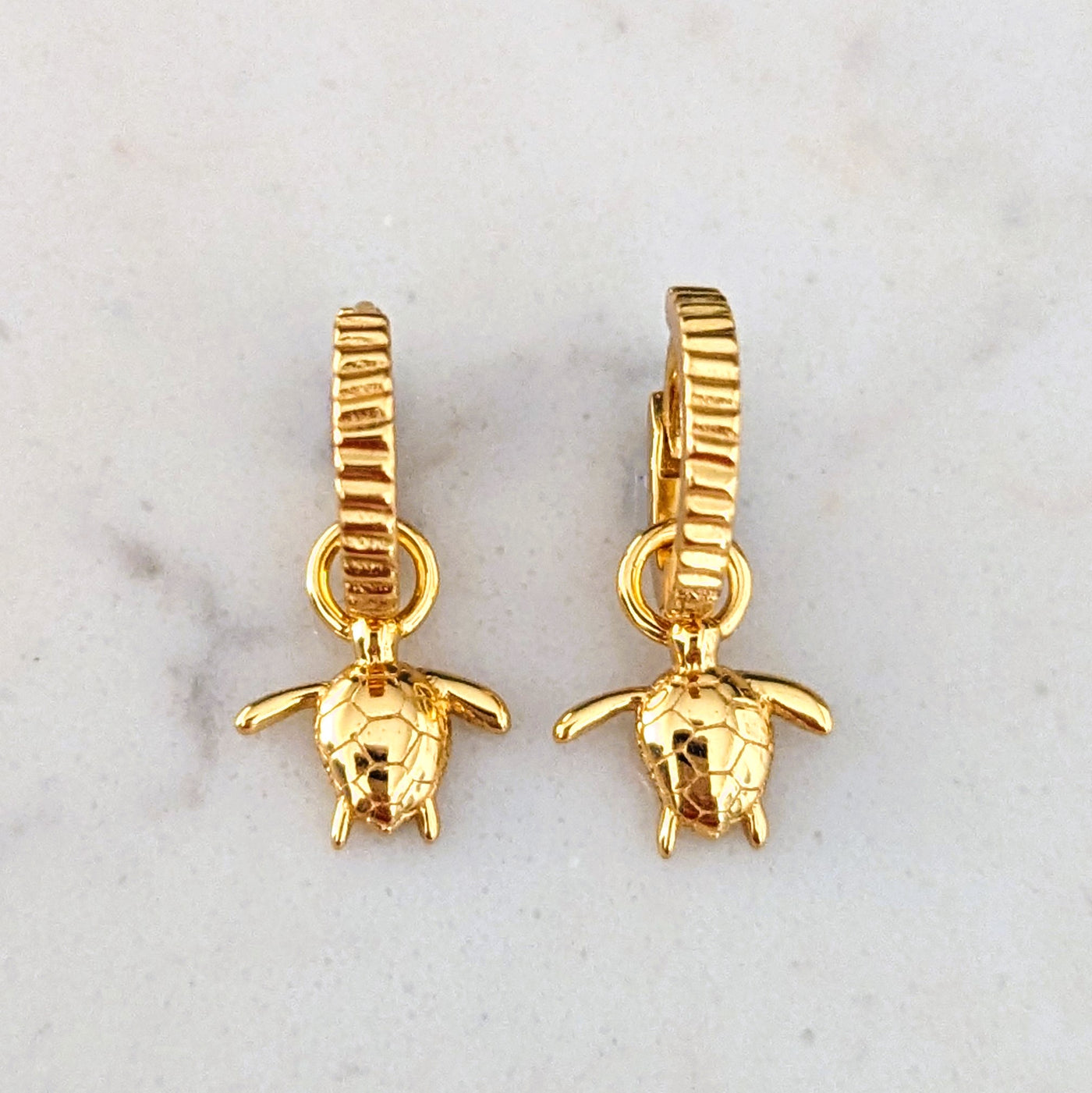 18 carat gold plated turtle charm hoop earrings