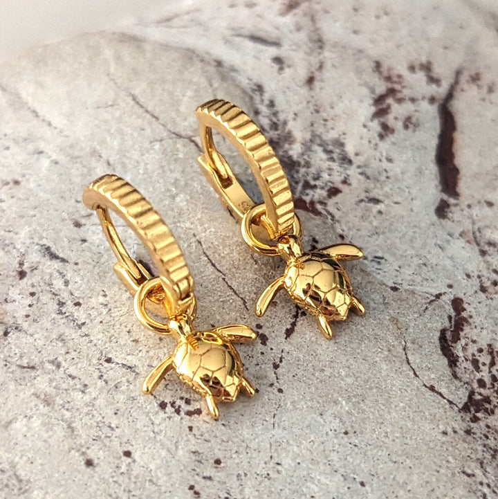 18 carat gold plated turtle charm hoop earrings