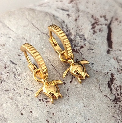 18 carat gold plated turtle charm hoop earrings