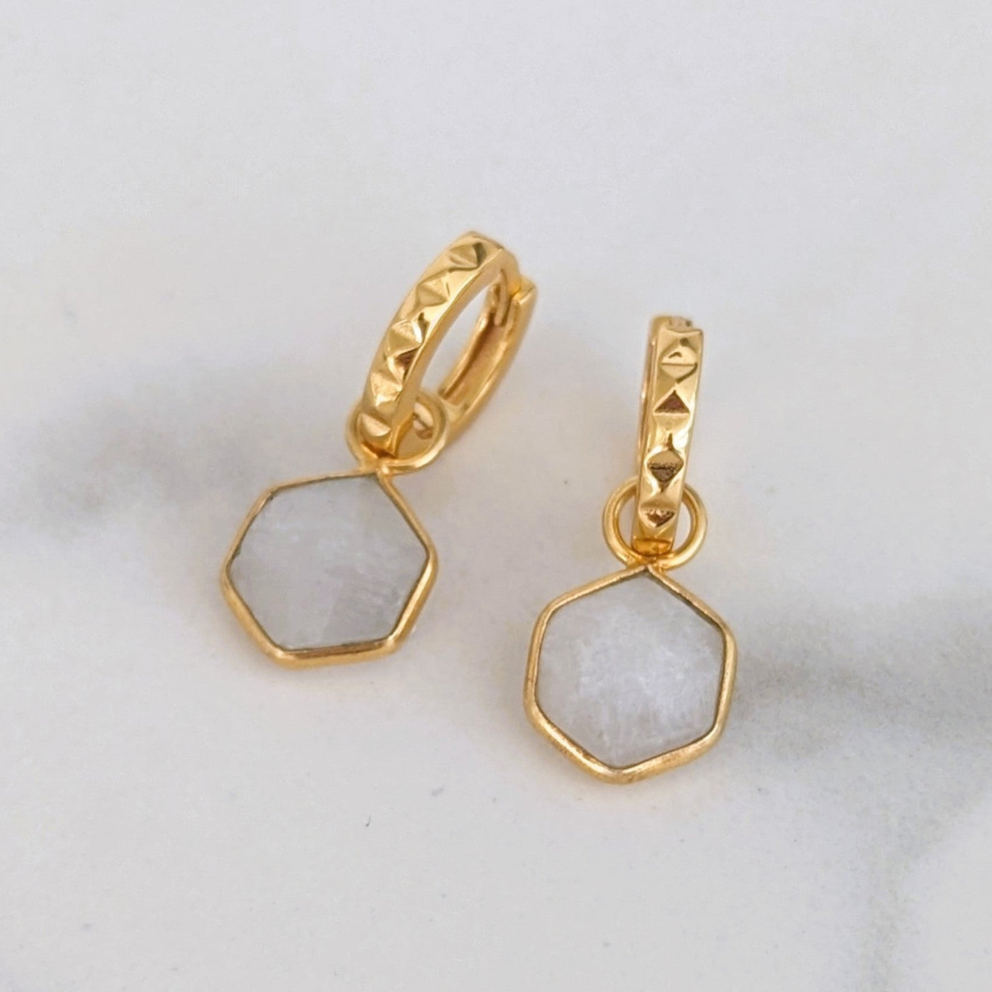 18 carat gold plated moonstone hexagon gemstone earrings