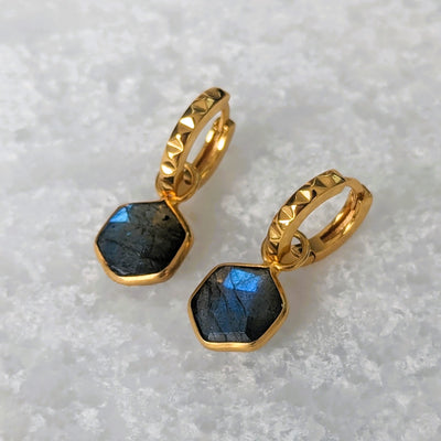 18 carat gold plated labradorite hexagon charm gemstone earrings
