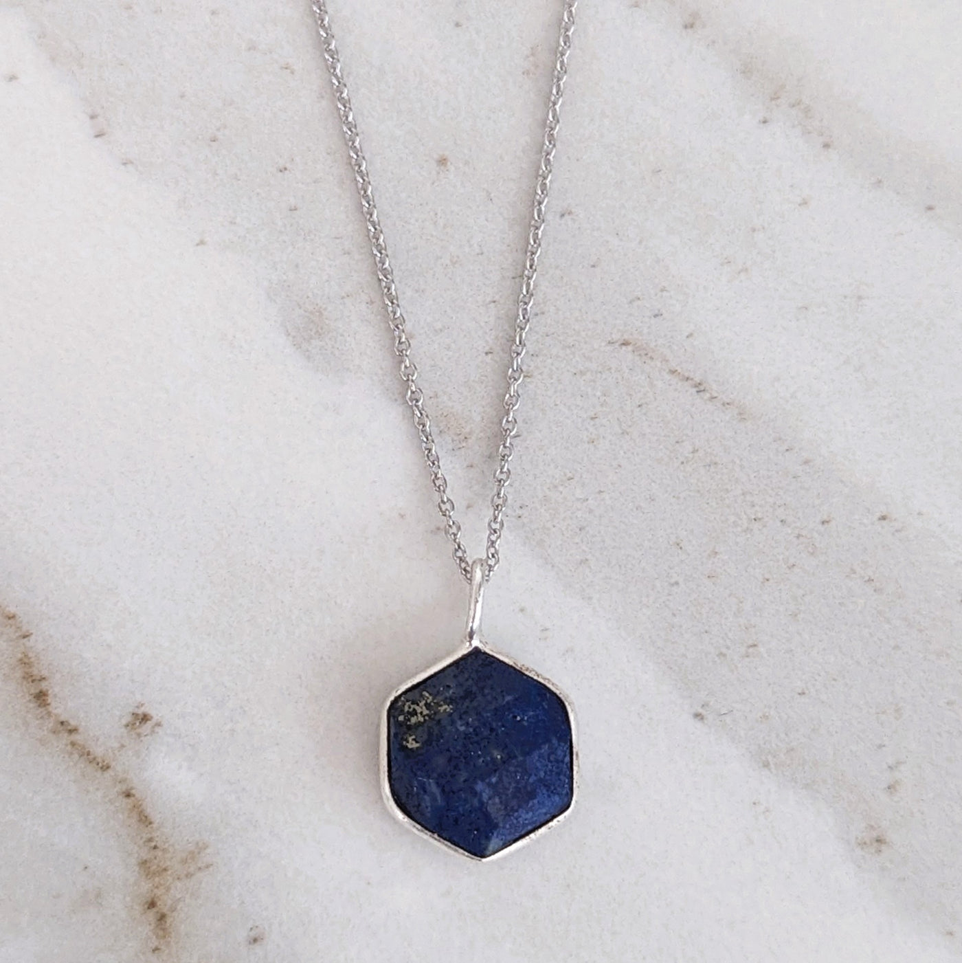 Sterling silver lapis lazuli hexagon pendant necklace