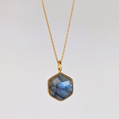 gold plated labradorite hexagonal pendant necklace
