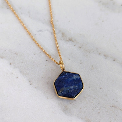 Gold plated lazuli hexagon pendant necklace