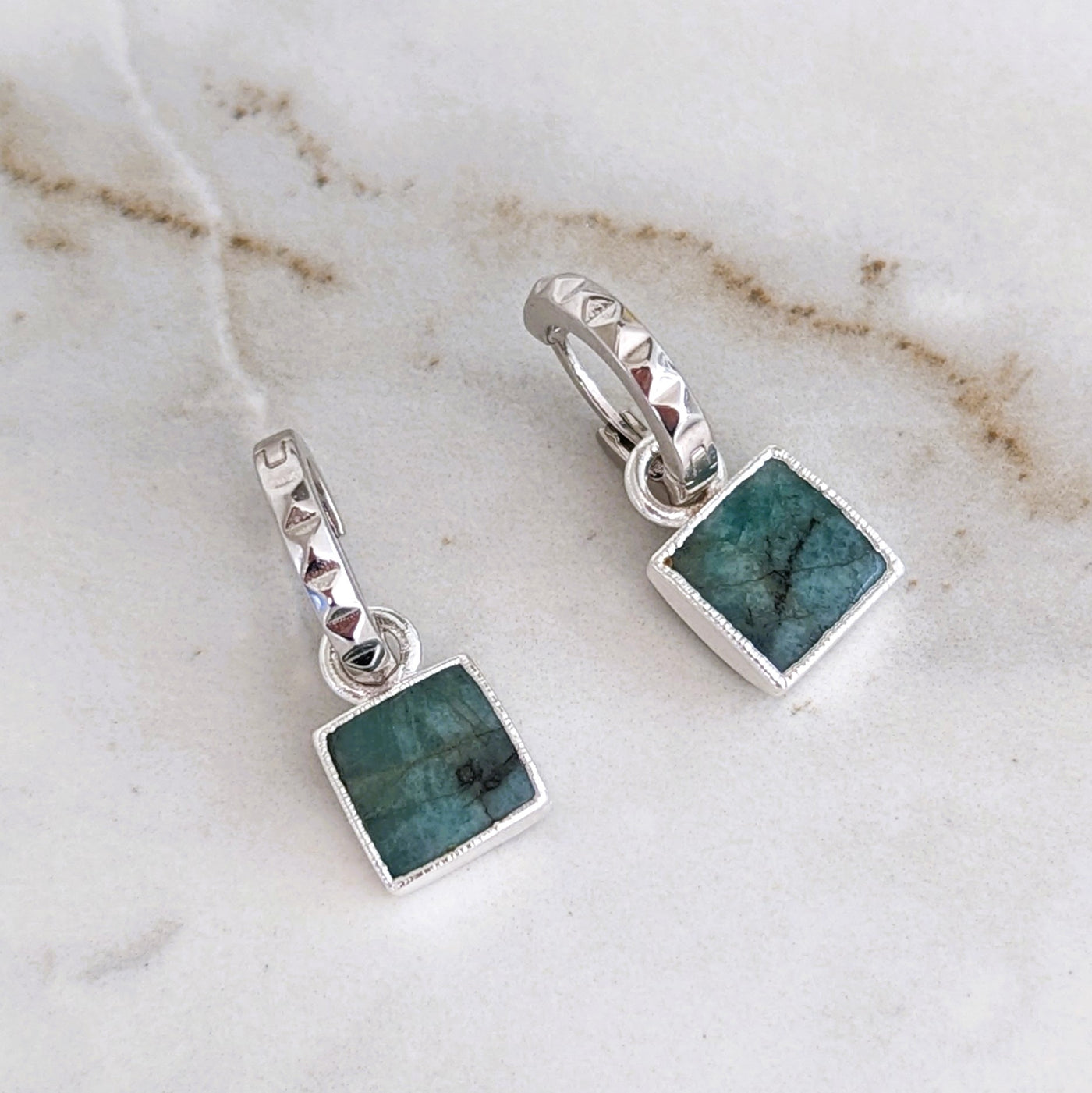 sterling silver emerald square charm hoop earrings