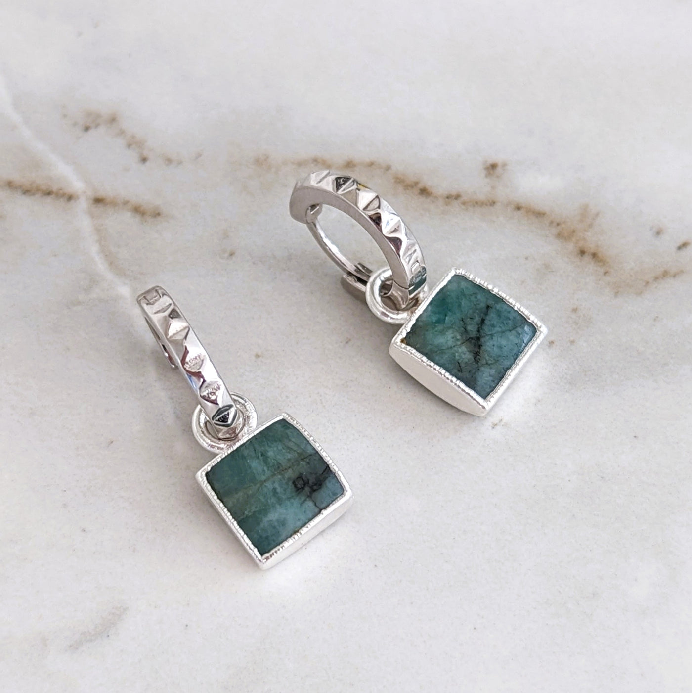 sterling silver emerald square charm hoop earrings