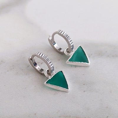 sterling silver green onyx triangular charm earrings