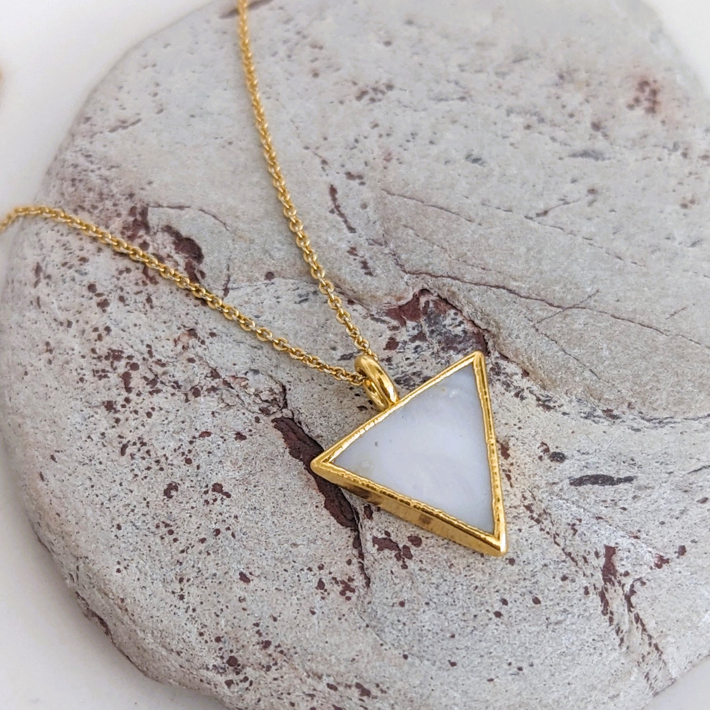 18 carat gold plated mother of pearl triangular pendant necklace